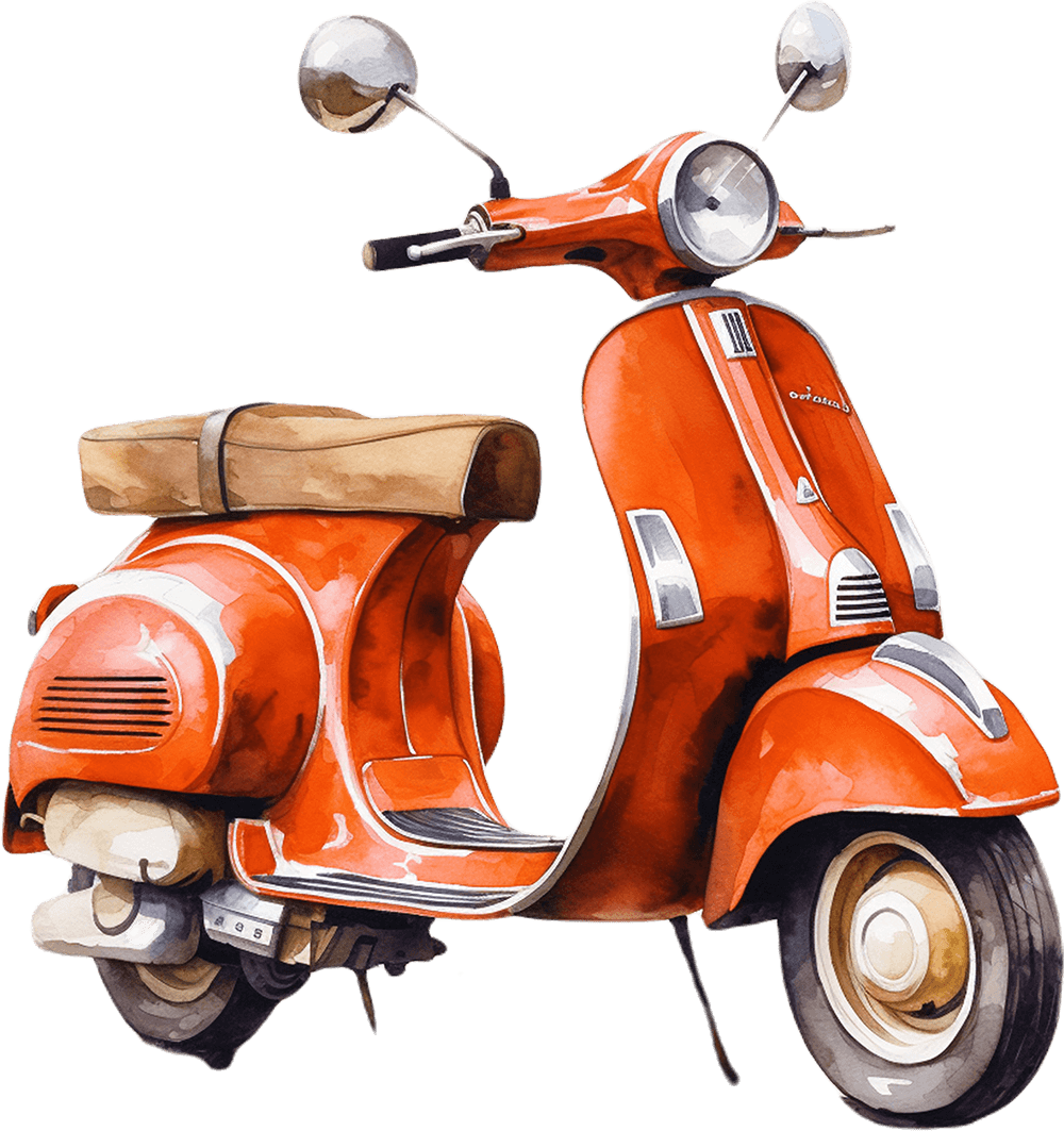Red vintage Vespa scooter with a tan seat and chrome mirrors.