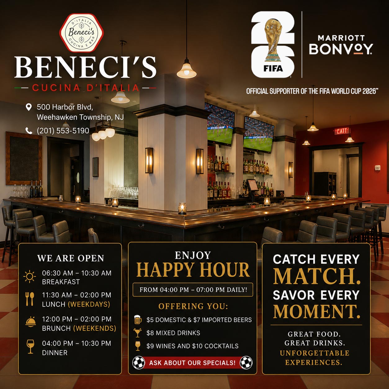 Beneci's Italian restaurant bar interior with happy hour details, hours, and FIFA World Cup 2026 supporter info.
